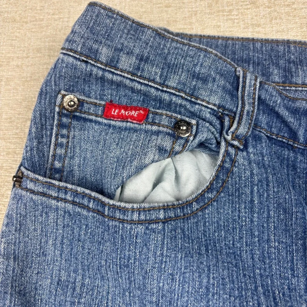 Le More Womens 34x 26 Y2K Basketball Patch Flare Jeans Blue Denim Size 13